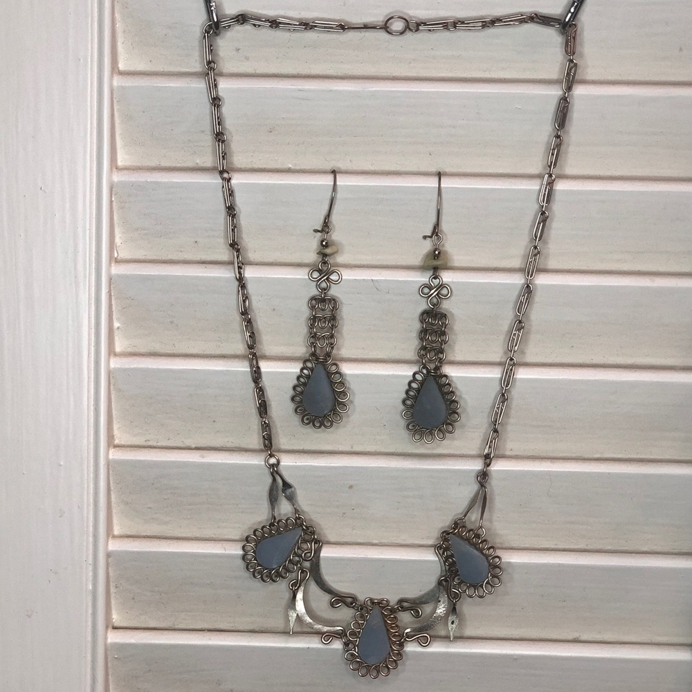 Blue and silver necklace and earring set
